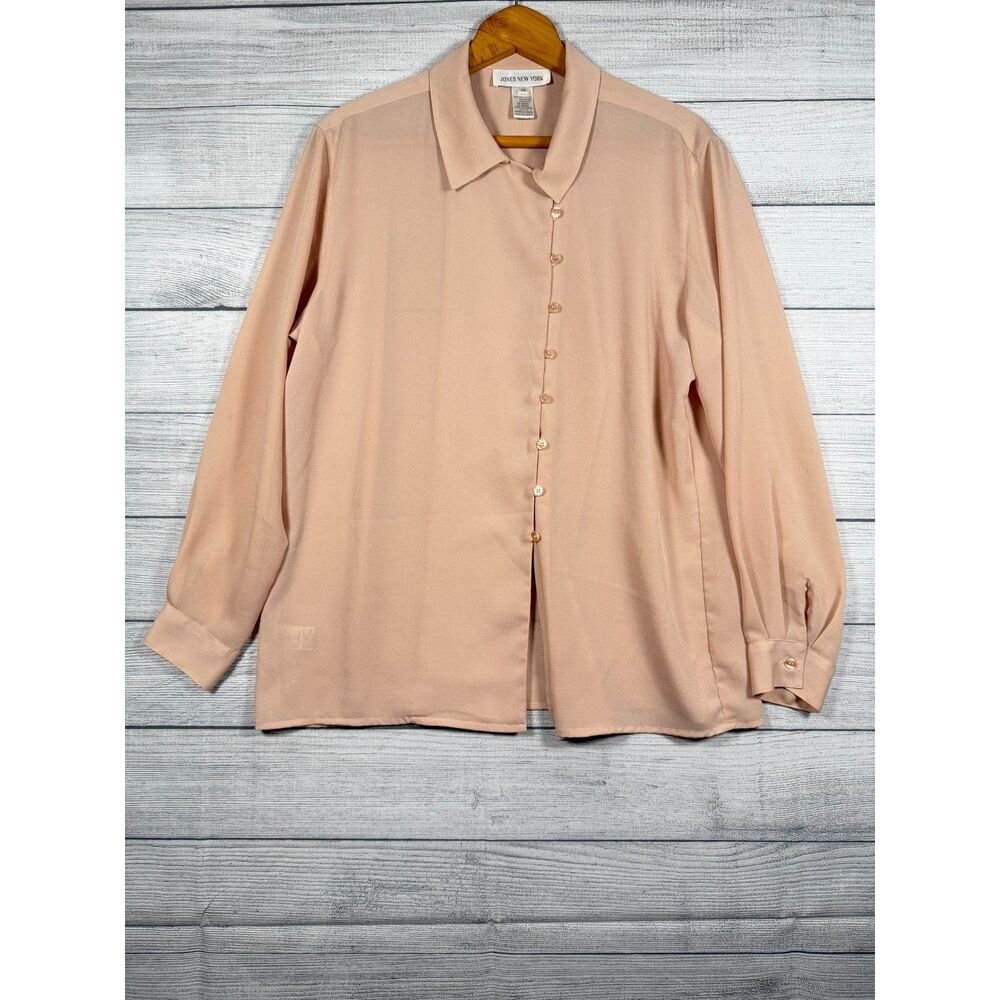 Jones New York Womens 14 Peach Blush Button Front Long Sleeve Blouse 4111